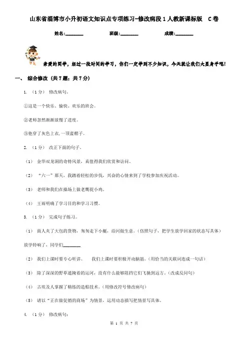 山东省淄博市小升初语文知识点专项练习-修改病段1人教新课标版  C卷