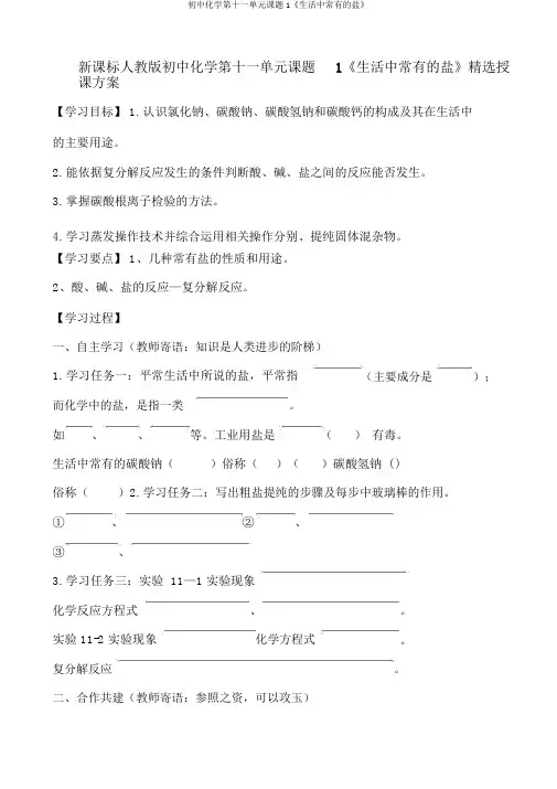初中化学第十一单元课题1《生活中常见的盐》