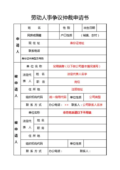 劳动人事争议仲裁申请书、收件回执、送达地址确认书模板
