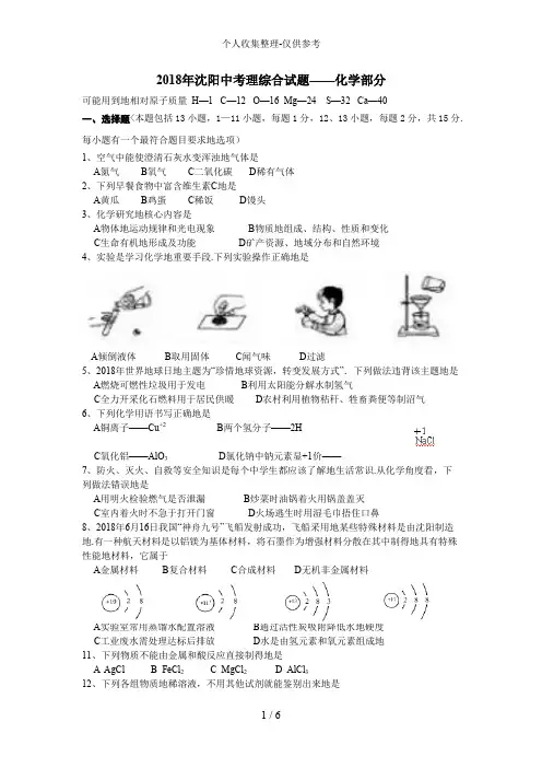 2017年沈阳市中考化学试卷及答案手打word版1