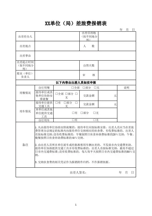 XX单位(局)差旅费报销表
