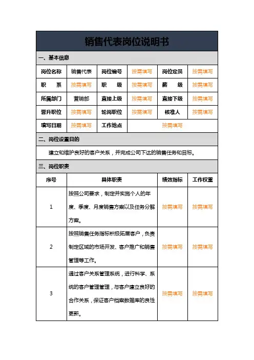 销售代表岗位说明书模板及填写范例