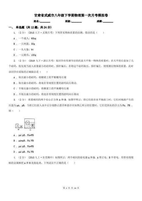 甘肃省武威市八年级下学期物理第一次月考模拟卷