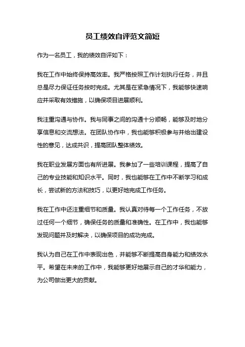 员工绩效自评范文简短