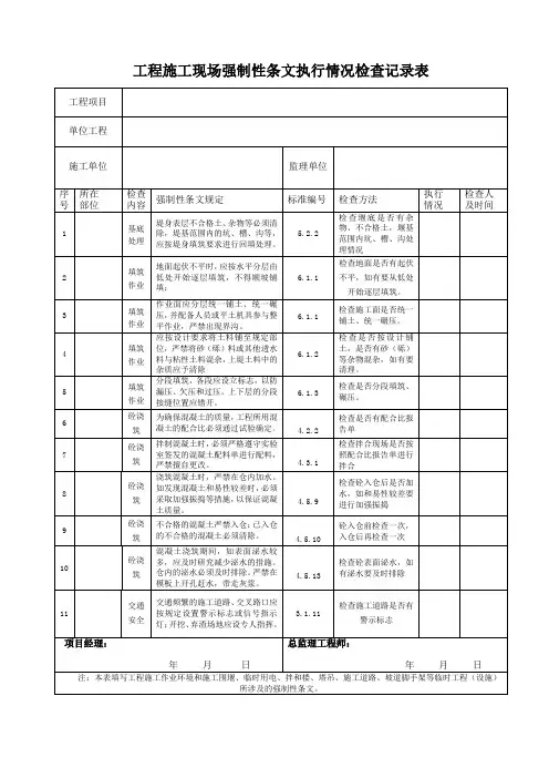 工程施工现场强制性条文执行情况检查记录表