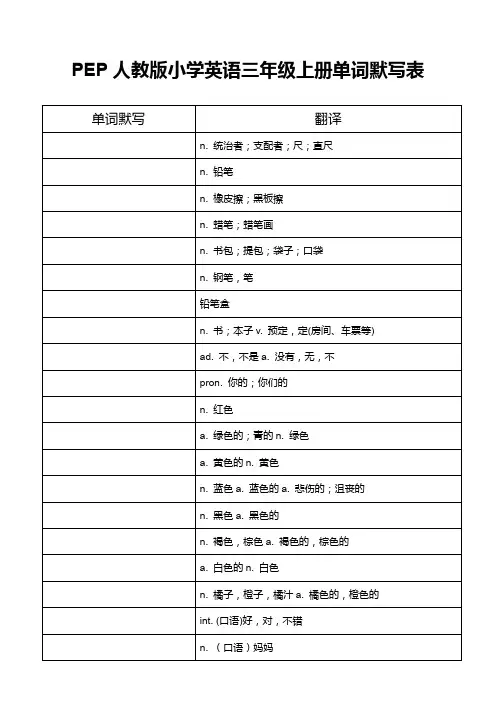 PEP人教版小学英语三年级上册单词默写表