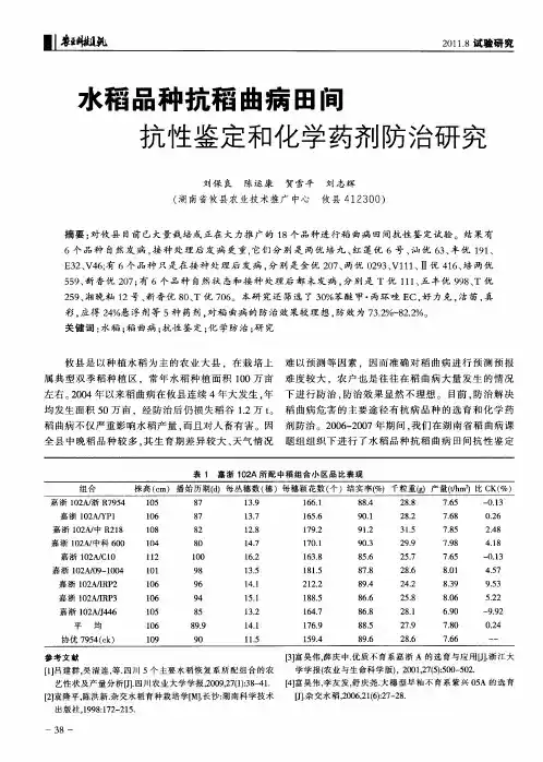 水稻品种抗稻曲病田间抗性鉴定和化学药剂防治研究