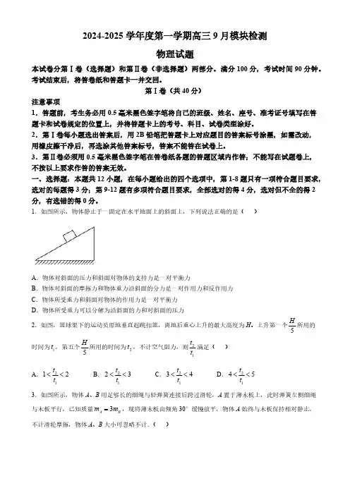 山东省威海市乳山市银滩高级中学2024-2025学年高三上学期9月月考物理试题(无答案)