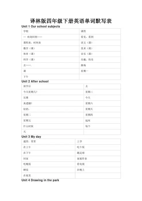 译林版四年级下册英语单词默写表
