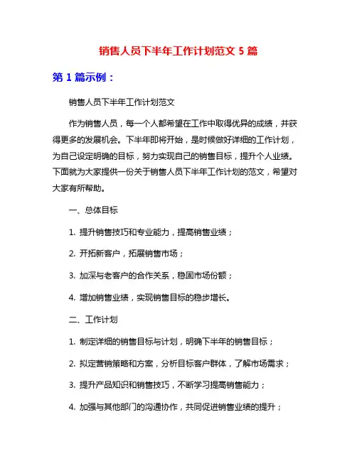销售人员下半年工作计划范文5篇