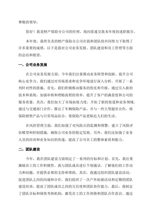 财产保险分公司经理年度述职报告