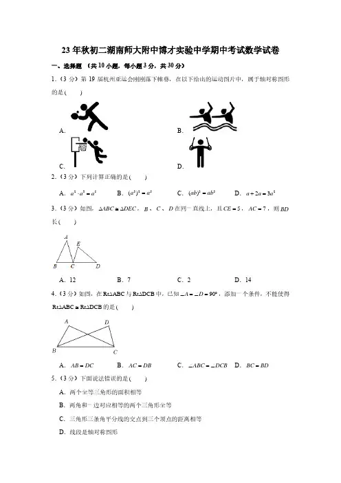 湖南省长沙市湖南师大附中博才实验中学2023-2024学年上学期八年级期中考试数学试卷