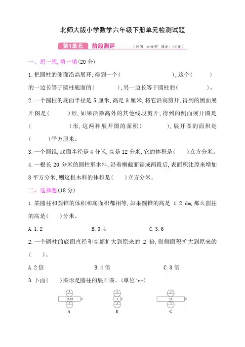 北师大版小学六年级数学下册单元测试卷含答案(全册)