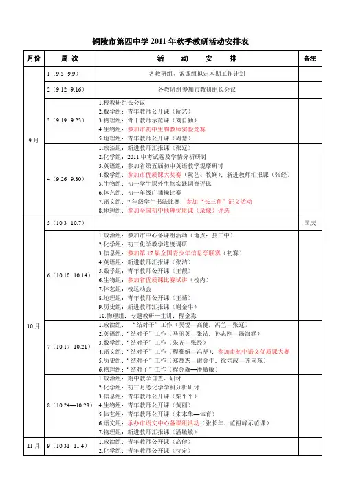 铜陵市第四中学2011年秋季教研活动安排表