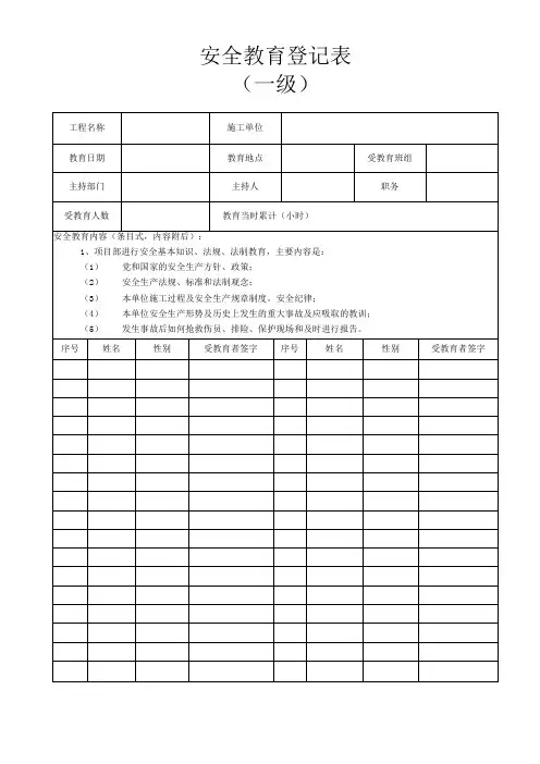 三级安全教育登记表模板范文
