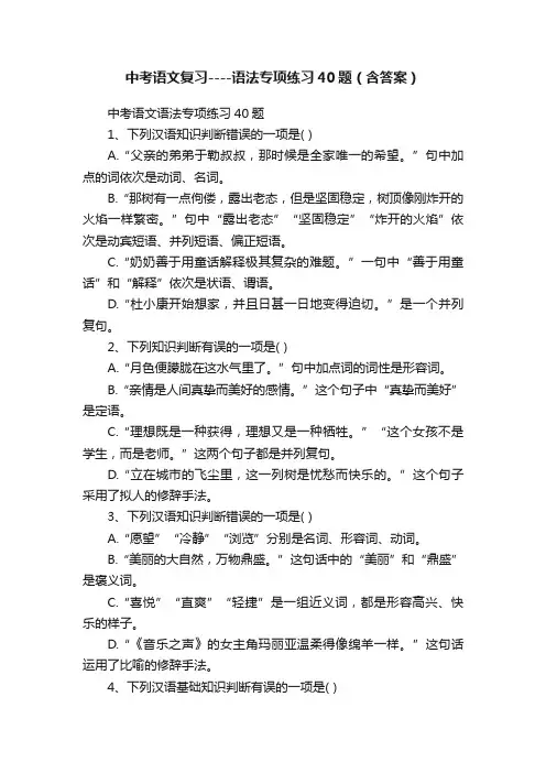 中考语文复习----语法专项练习40题（含答案）