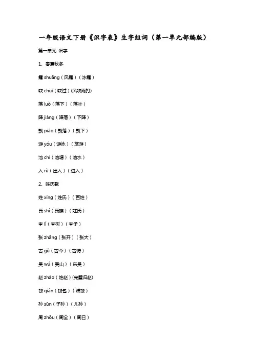 (人教部编版)一年级语文下册全册《识字表》生字组词