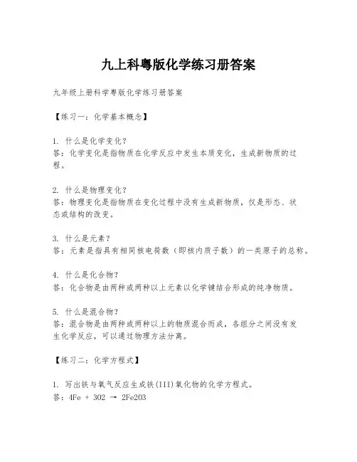 九上科粤版化学练习册答案