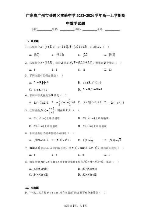 广东省广州市番禺区实验中学2023-2024学年高一上学期期中数学试题