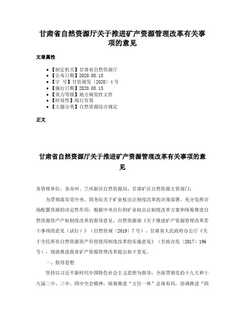 甘肃省自然资源厅关于推进矿产资源管理改革有关事项的意见