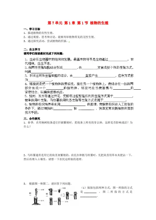 八年级生物下册第七单元第一章《生物的生殖和发育》第一节《植物的生殖》导学案新人教版