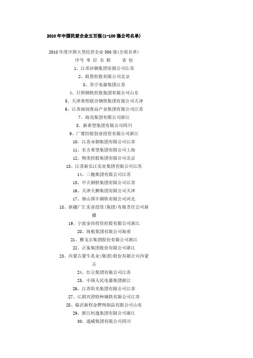 2010年中国民营企业五百强