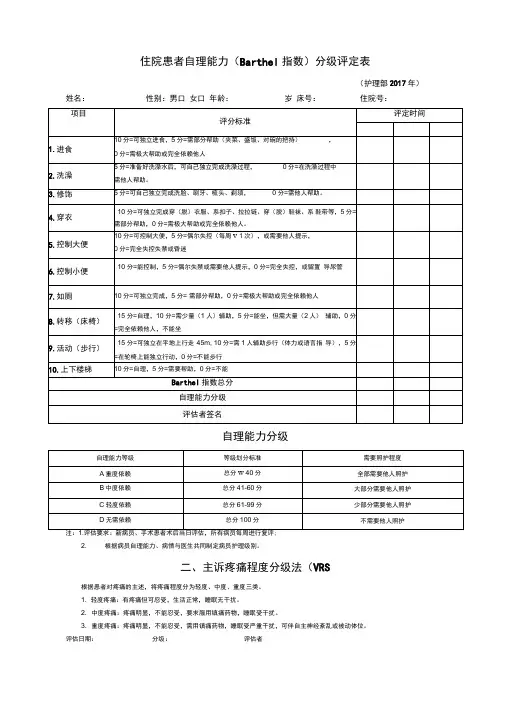 Barthel指数评分表、疼痛程度分级表