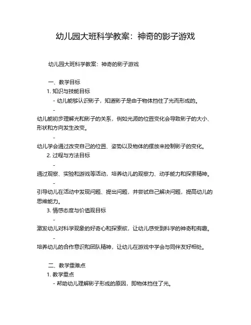 幼儿园大班科学教案：神奇的影子游戏
