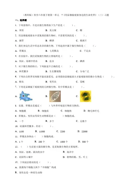 六年级下册科学试题-- 7《用显微镜观察身边的生命世界》(三)习题   教科版(含答案)