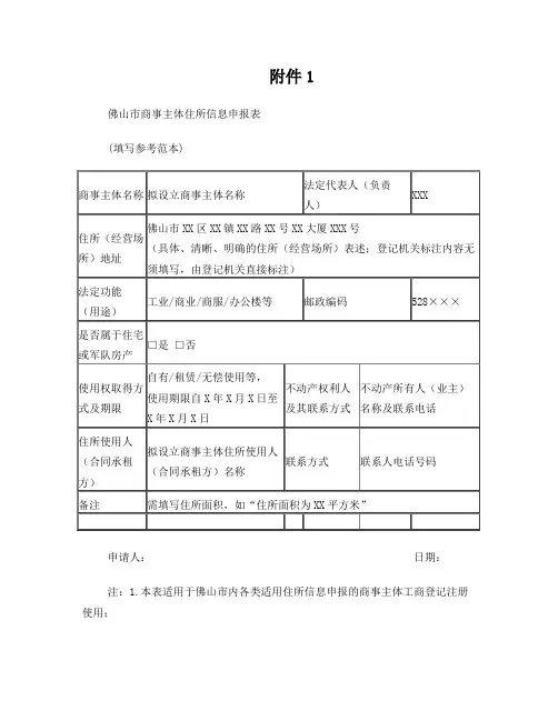 佛山市商事主体住所信息申报表
