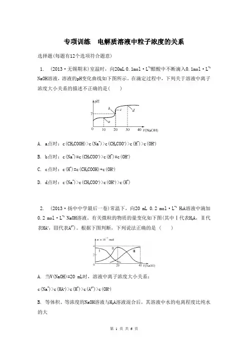 2014届高考化学(江苏专用)二轮复习专项训练 电解质溶液中粒子浓度的关系