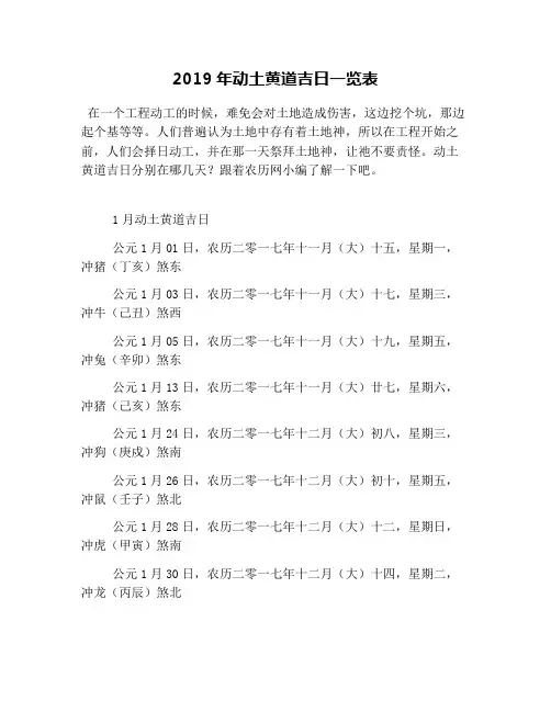2019年动土黄道吉日一览表