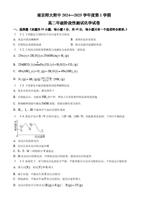 江苏省南京师范大学附属中学2024-2025学年高二上学期10月段考 化学试题(含答案)