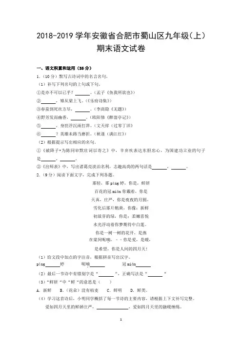2018-2019学年安徽省合肥市蜀山区九年级(上)期末语文试卷