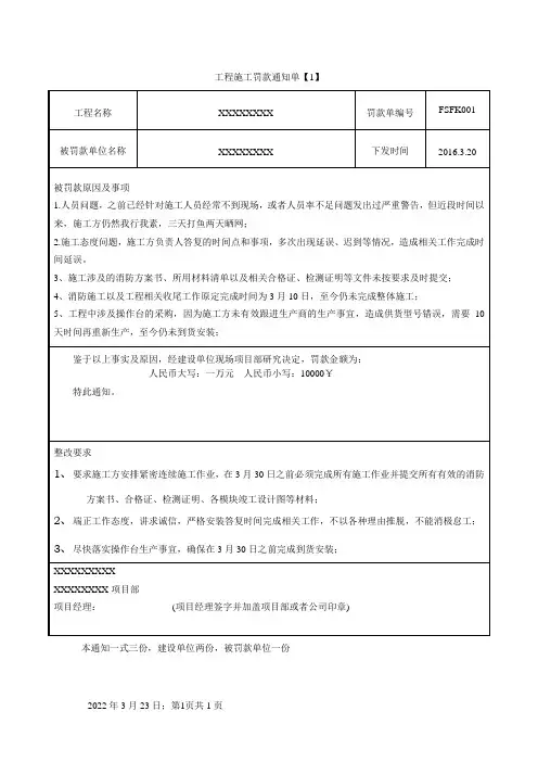 工程施工罚款通知单模板