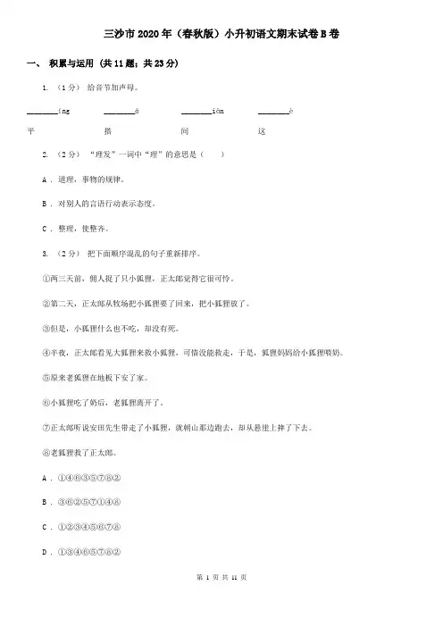 三沙市2020年(春秋版)小升初语文期末试卷B卷