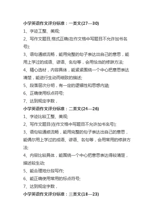 小学英语作文评分标准