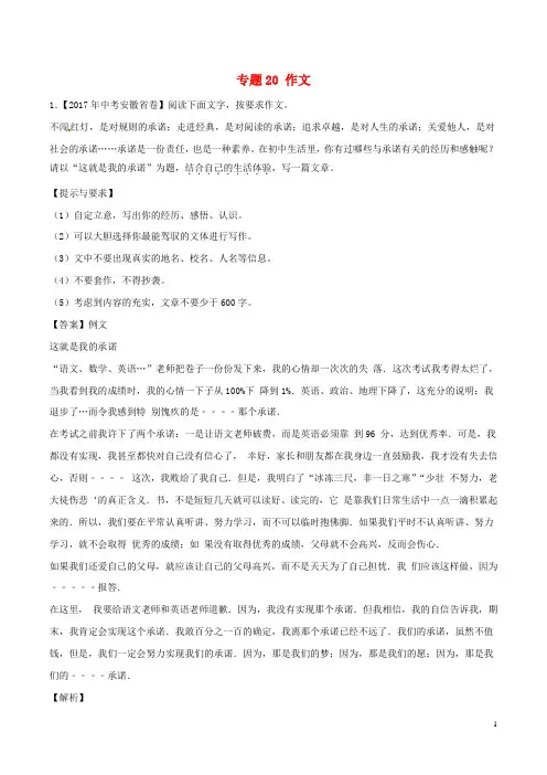 (统编版)2020年中考语文试题分项版解析汇编第期专题作文含解析