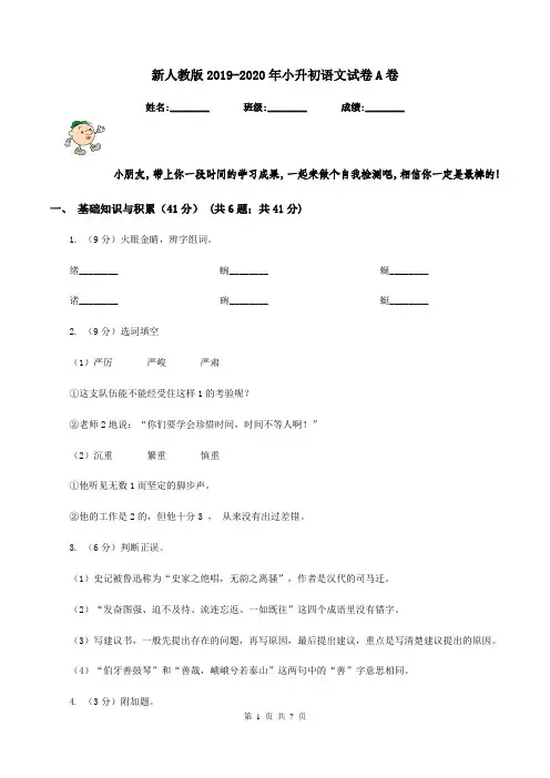 新人教版2019-2020年小升初语文试卷A卷