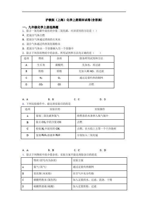 沪教版(上海)化学初三化学上册期末试卷(含答案)