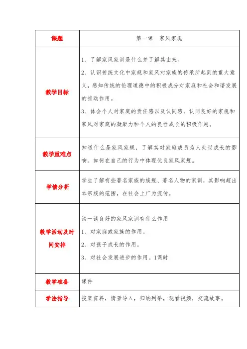 鲁科版综合实践活动五年级下册教案第1单元1、家风家训