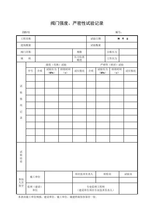 阀门强度、严密性试验记录