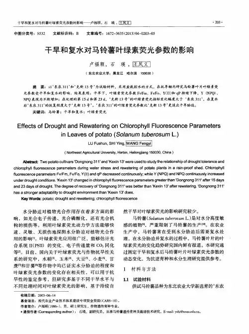 干旱和复水对马铃薯叶绿素荧光参数的影响