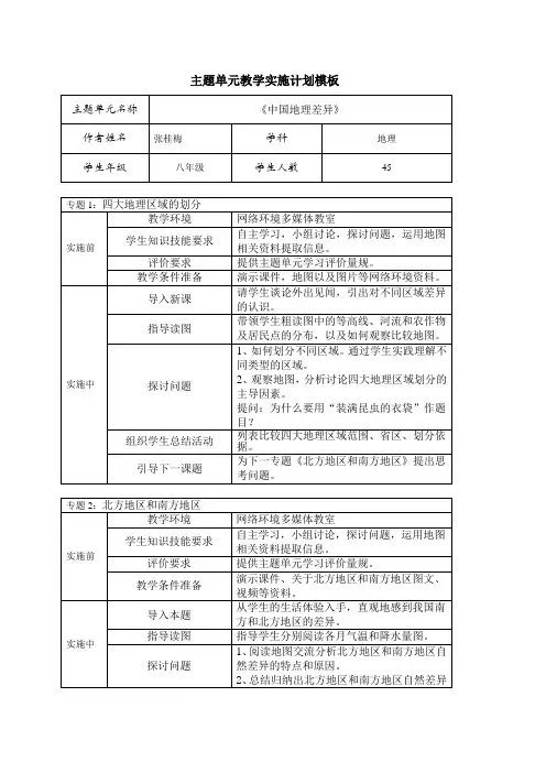 主题单元教学实施计划模板