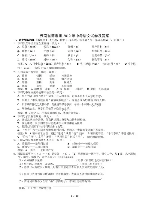 云南省德宏州2012年中考语文试卷及答案