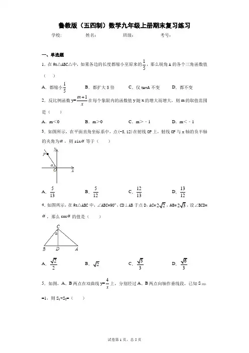鲁教版(五四制)数学九年级上册期末复习练习及参考答案