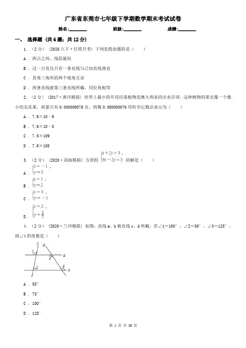 广东省东莞市七年级下学期数学期末考试试卷