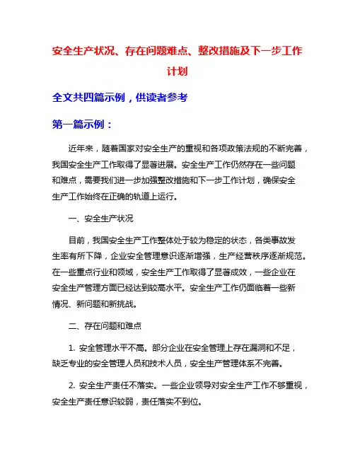 安全生产状况、存在问题难点、整改措施及下一步工作计划