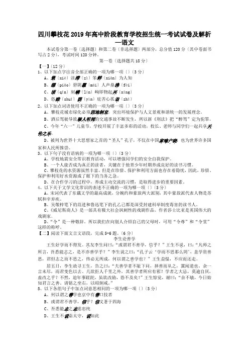 四川攀枝花2019年高中阶段教育学校招生统一考试试卷及解析—语文
