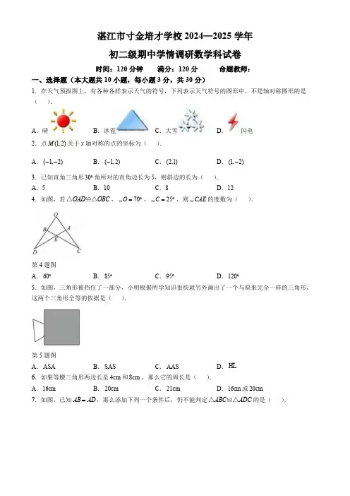 广东省湛江市寸金培才学校2024-2025学年上学期八年级期中学情调研数学科试卷(无答案)